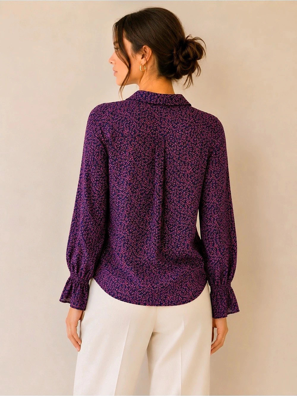 LOFT Abstract Long Sleeve Button Down Blouse in Purple & Pink XL - Picture 2 of 6